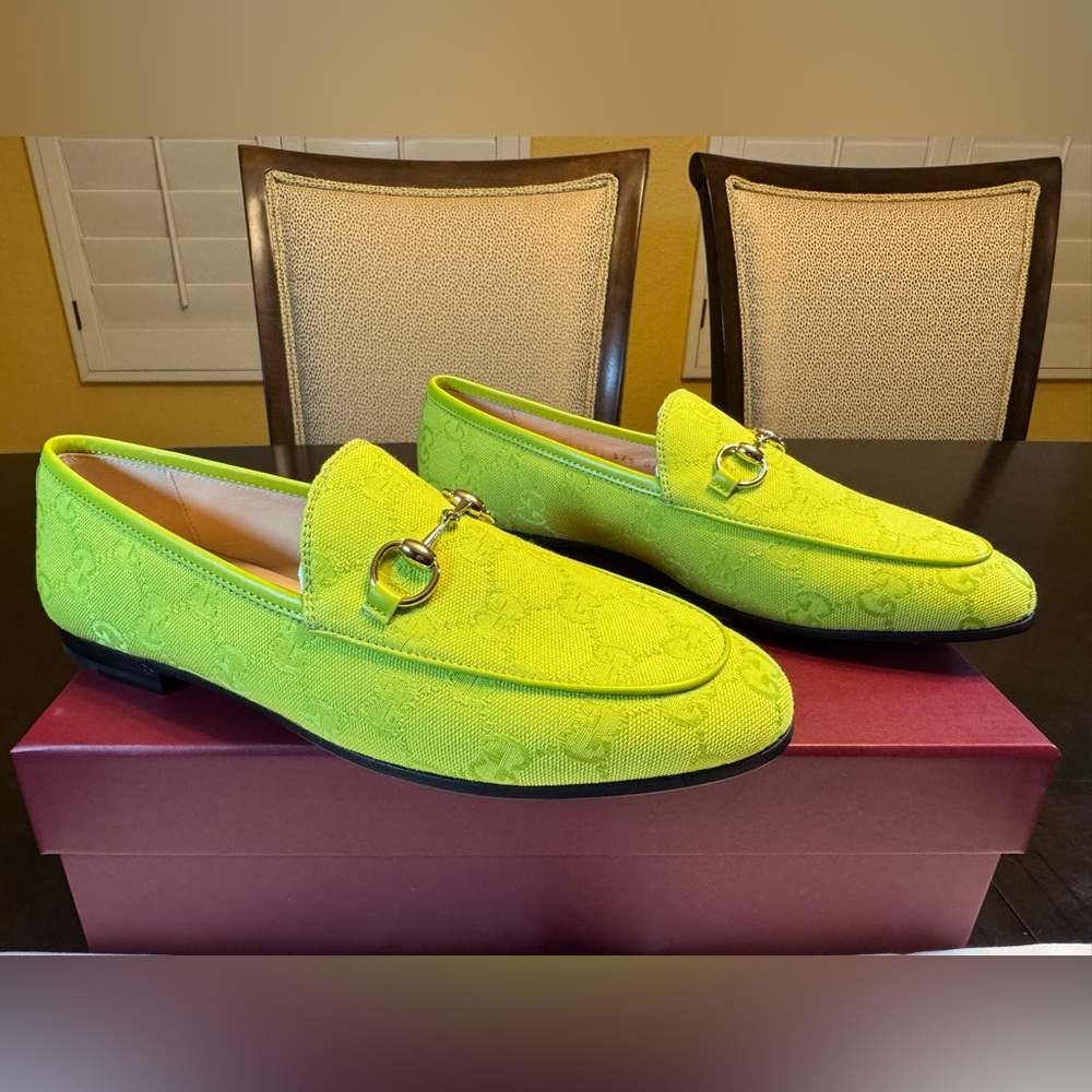 New Authentic Gucci GG Logo Jordaan Loafers Green Size 37.5 / US 7.5